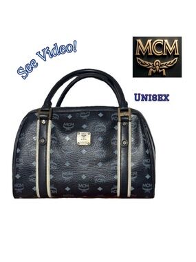 ⚜️Rare!! MCM Visetos Logo Leather Boston Bag Black w/ Print & Black&white Trim👑